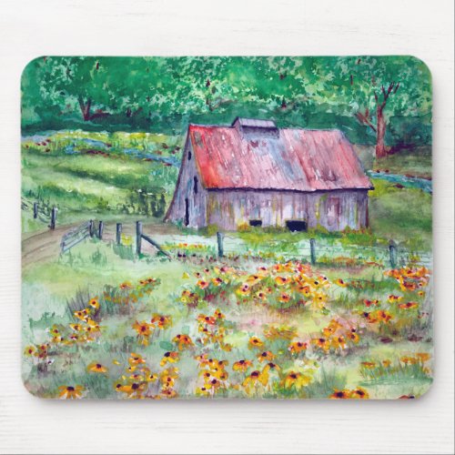 Black-Eyed Susans Wildflower Barn Watercolor Mouse Pad
