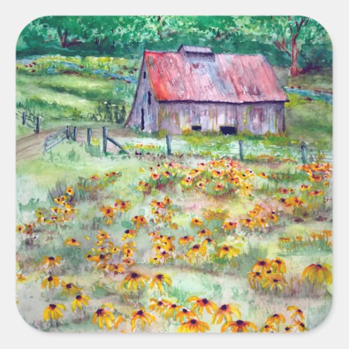 Black-Eyed Susans Wildflower Barn Watercolor Square Sticker