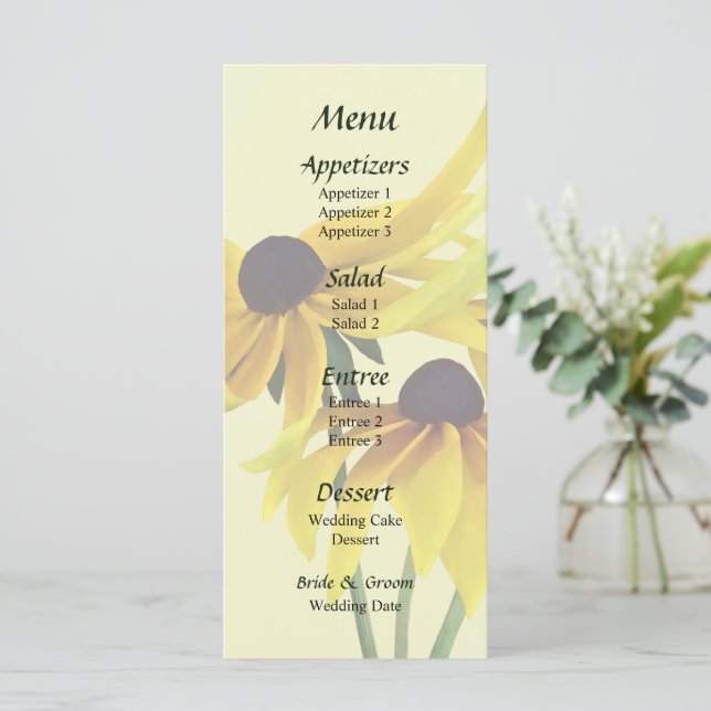 Black Eyed Susans With Curly Petals Wedding Menu (Standing Front)