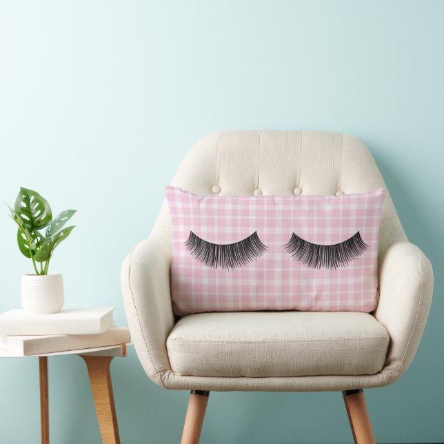 Black Eyelashes On Pink Plaid Lumbar Pillow (Chair)