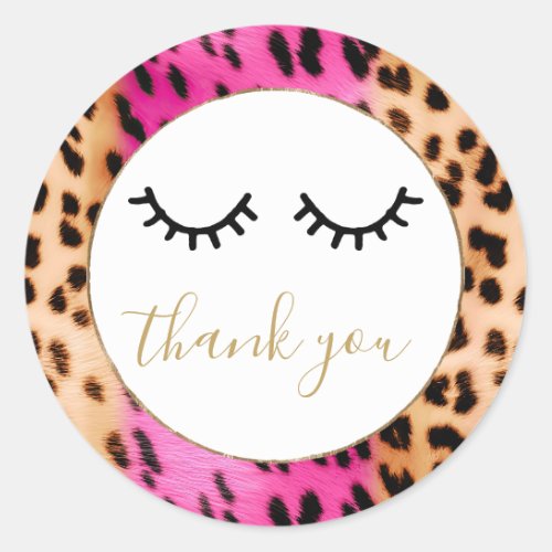 Black Eyelashes Pink Cream Leopard Thank you Classic Round Sticker