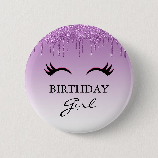 Black Eyelashes & Purple Glitter Birthday Girl Button (Front)
