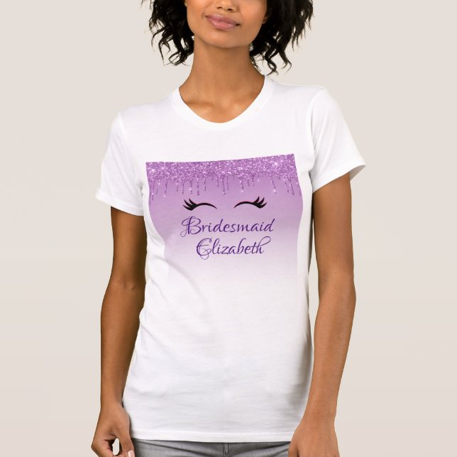 Black Eyelashes & Purple Glitter Bridesmaid T-Shirt (Front)