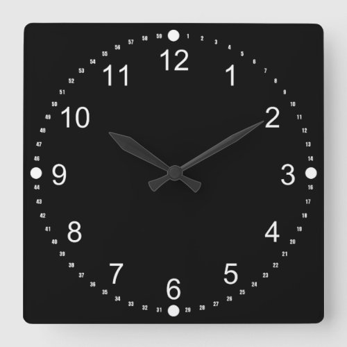 Black Face _ White Numbers Square Wall Clock