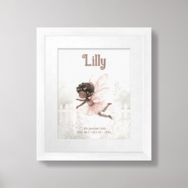 Black Fairy Baby Girl Birth Stats Poster (Framed Front)