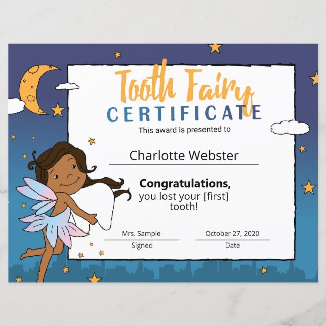 Black Fairy Clip Art First Lost Tooth Certificate (Front)