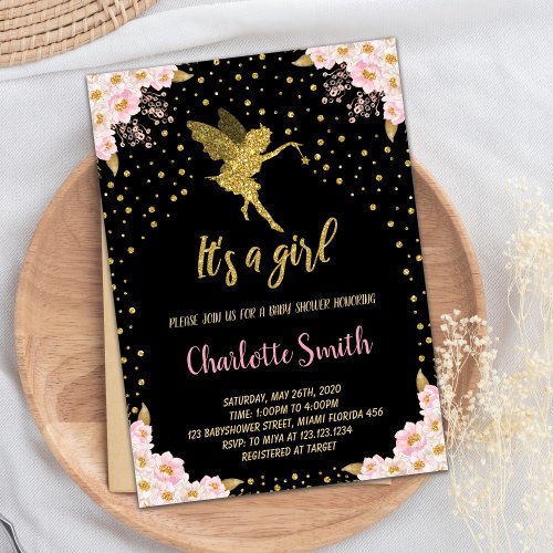 Black Fairy Floral Baby Shower Invitations