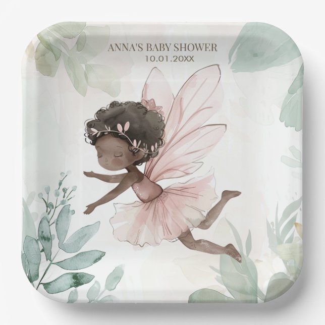 Black Fairy Girl Baby Shower Paper Plates (Front)