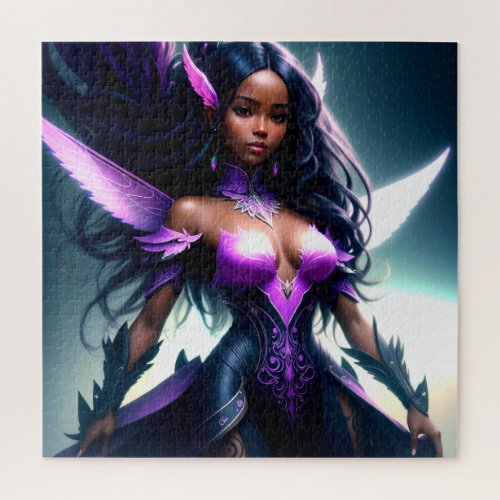 Black Fairy Girl With Purple Wings Superhero Jigsaw Puzzle