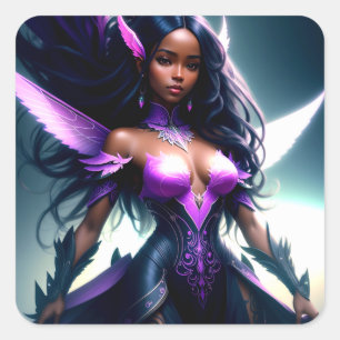 Black Fairy Girl With Purple Wings Superhero Square Sticker
