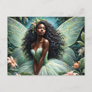 Black Fairy In Green and Peach Botanical Postcard