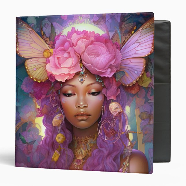 Black Fairy Queen Pink Purple Fantasy Art 3 Ring Binder (Front/Inside)