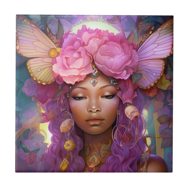Black Fairy Queen Pink Purple Fantasy Art Ceramic Tile (Front)