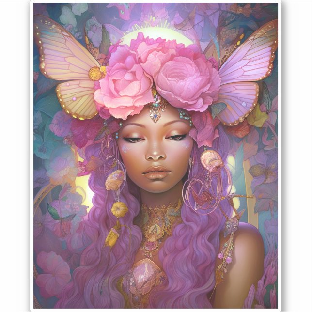 Black Fairy Queen Pink Purple Fantasy Art Sticker (Front)
