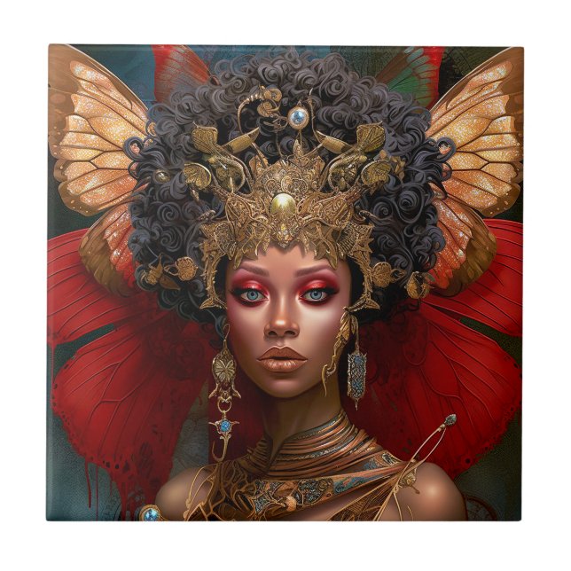 Black Fairy Queen Red Gold Fairy Fantasy Art Ceramic Tile (Front)