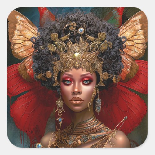 Black Fairy Queen Red Gold Fairy Fantasy Art Square Sticker