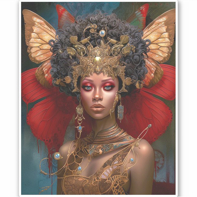 Black Fairy Queen Red Gold Fairy Fantasy Art Sticker (Front)