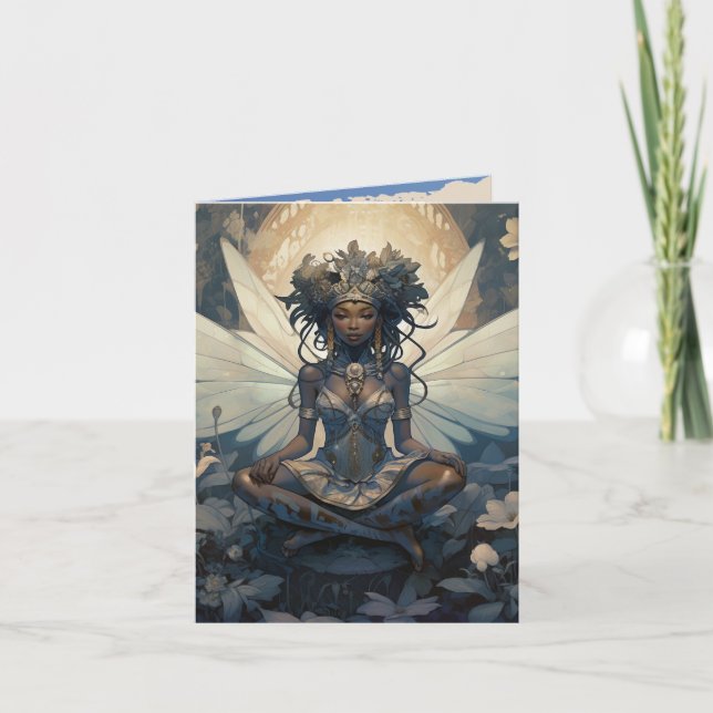 Black Fairy Sitting on a Lily Pad Note Card (Front)