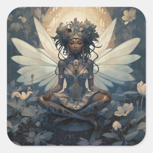 Black Fairy Sitting on a Lily Pad Square Sticker