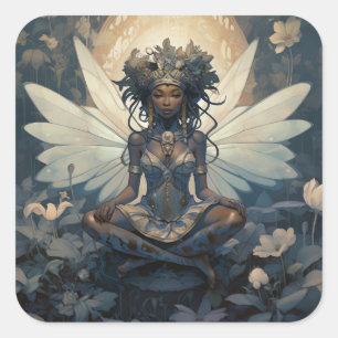 Black Fairy Sitting on a Lily Pad Square Sticker