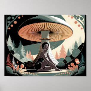 Black Fairy Woman Under Giant Mushroom Cottagecore Poster