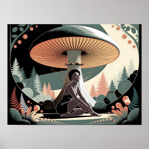 Black Fairy Woman Under Giant Mushroom Cottagecore Poster