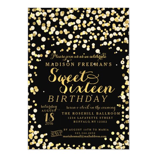 black fake gold foil confetti sweet 16 party invitation zazzle com