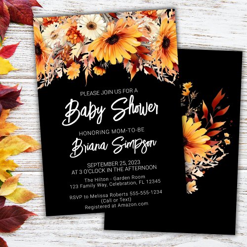 Black Fall Floral Baby Shower Invitation