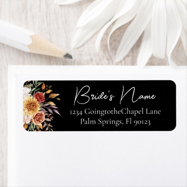 Black Fall Floral Bridal Return Address Label (Insitu)