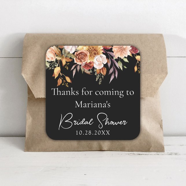 Black Fall Floral Bridal Shower Favors Square Sticker (Creator Uploaded)