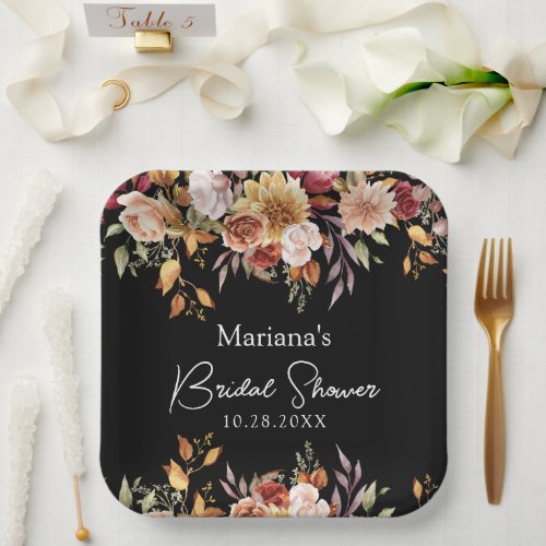 Black Fall Floral Bridal Shower Paper Plates