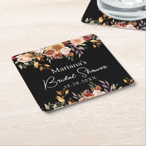 Black Fall Floral Bridal Shower Square Paper Coaster