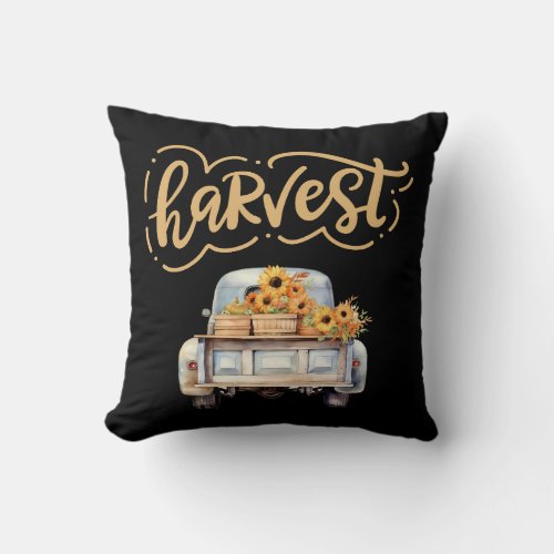 Black Fall FloralPumpkins Vintage Harvest Truck  Throw Pillow