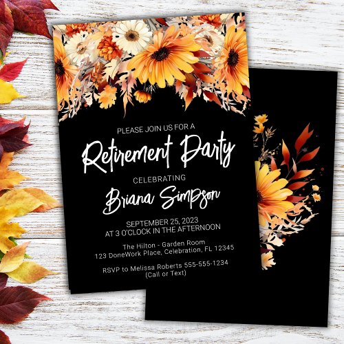 Black Fall Floral Retirement Invitation