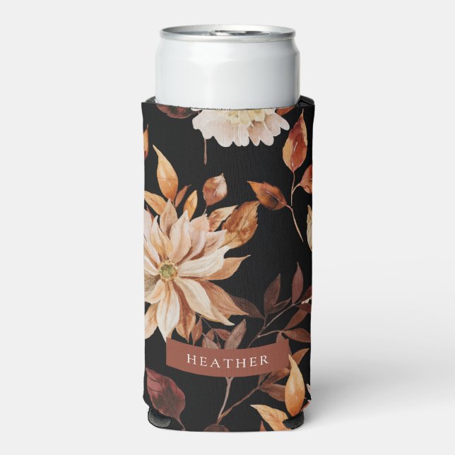 Black Fall Floral Slim Seltzer Can Cooler (Seltzer Front)