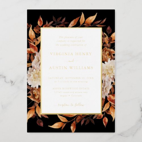 Black Fall Leaves Wedding Foil Invitation