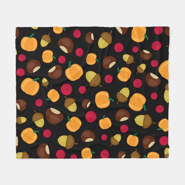Black Fall Pumpkin Berries Chestnut Pattern Fleece Blanket (Front (Horizontal))