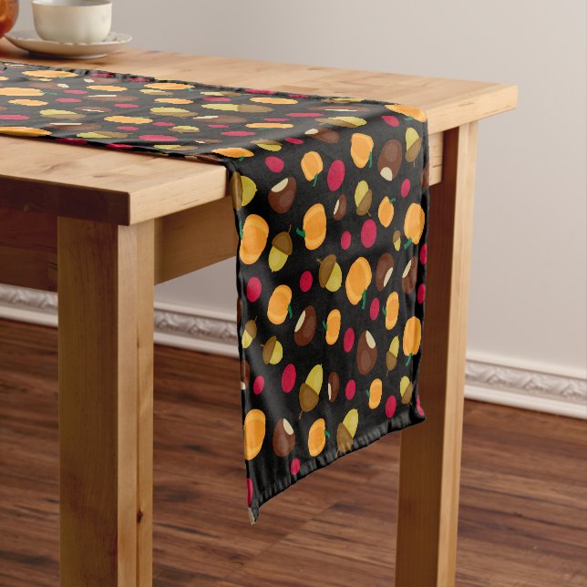Black Fall Pumpkin Red Berries Pattern Short Table Runner (In Situ)