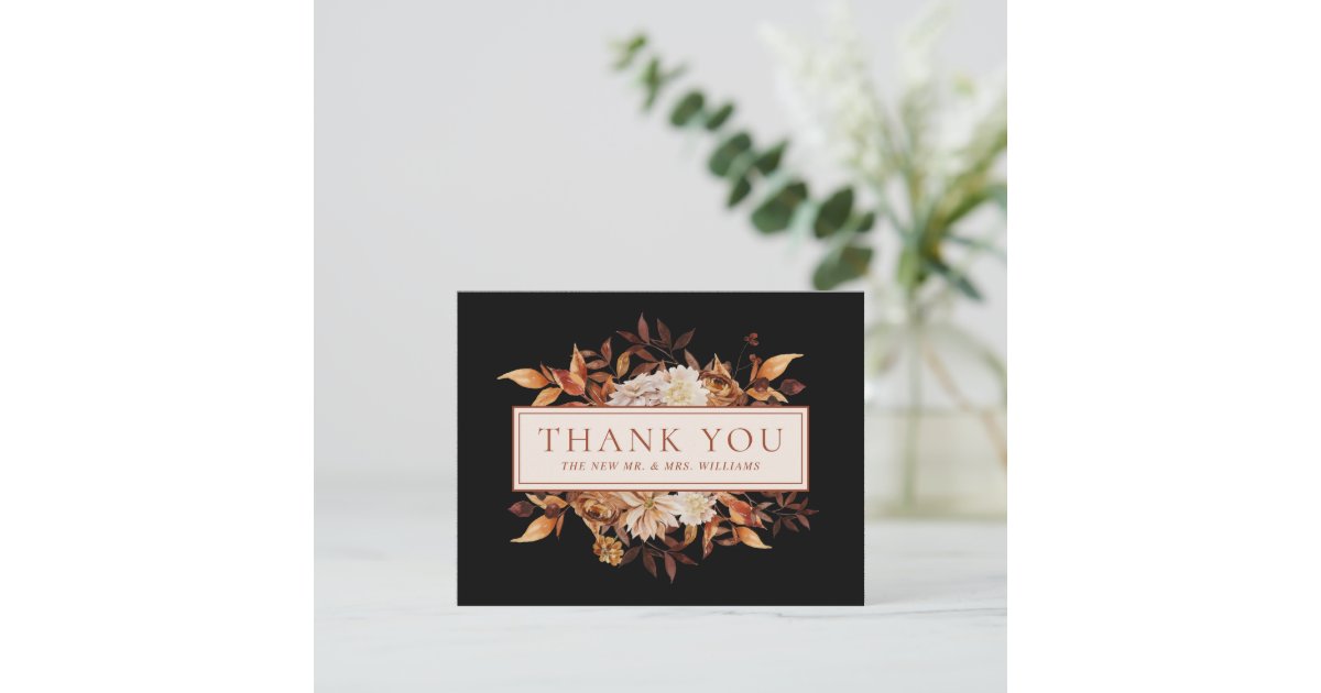Black Fall Terracotta Leaves Floral Thank You Card | Zazzle