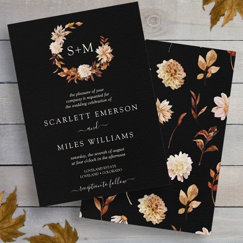 Black Fall Terracotta Monogram Wreath Wedding Invitation