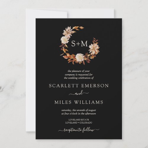 Black Fall Terracotta Monogram Wreath Wedding Invitation