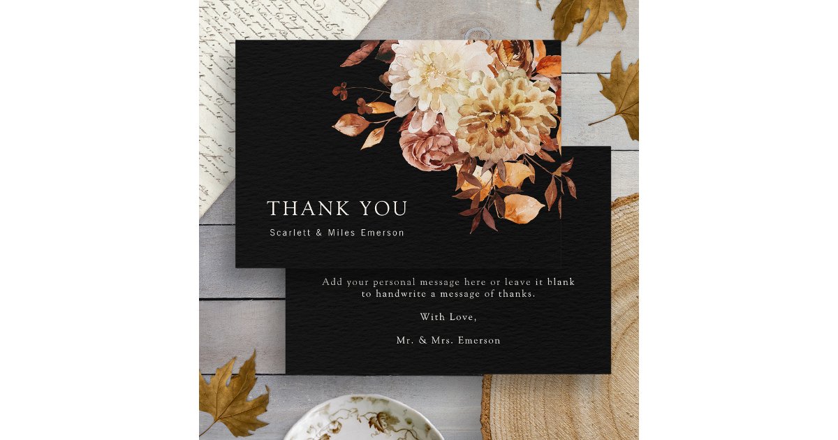 Black Fall Terracotta Watercolor Floral Wedding Thank You Card | Zazzle