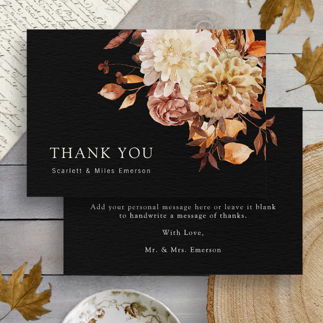 Black Fall Terracotta Watercolor Floral Wedding Thank You Card | Zazzle