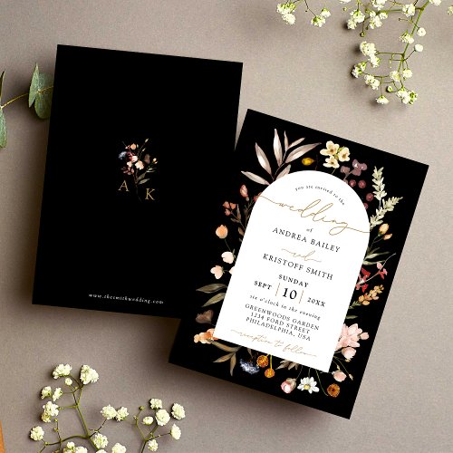 Black Fall Wildflower Boho Garden Arch Wedding Invitation