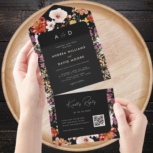 Black Fall Wildflowers Botanical QR Code Wedding   All In One Invitation