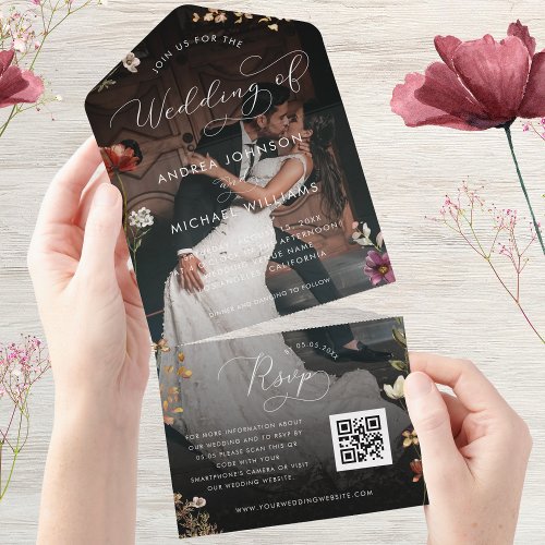 Black Fall Wildflowers QR Code Photo Dark Wedding All In One Invitation