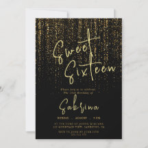 Black Falling Golden Sparkles Sweet 16 Birthday