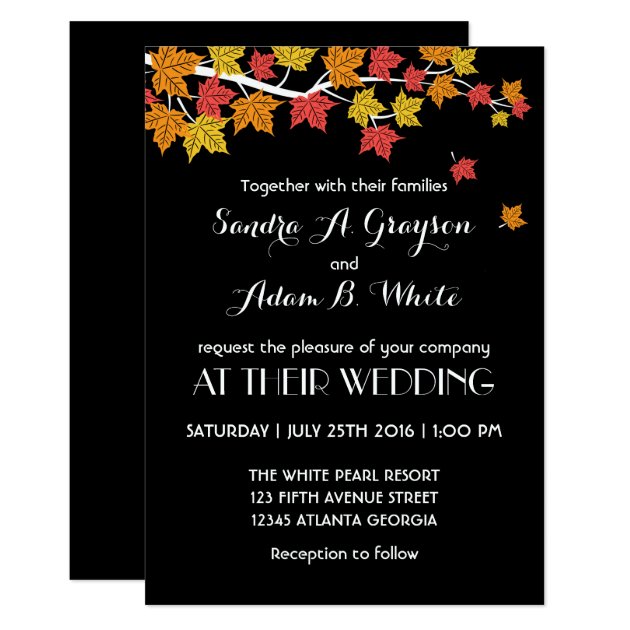 Black Falling Maple Leaves Wedding Invitation