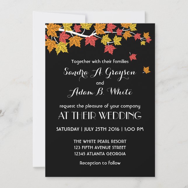 Black Falling Maple Leaves Wedding Invitation (Front)