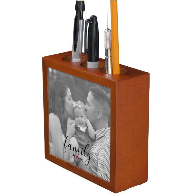 Black Family Est. Year with Red Heart Family Photo Desk Organizer (In Situ)